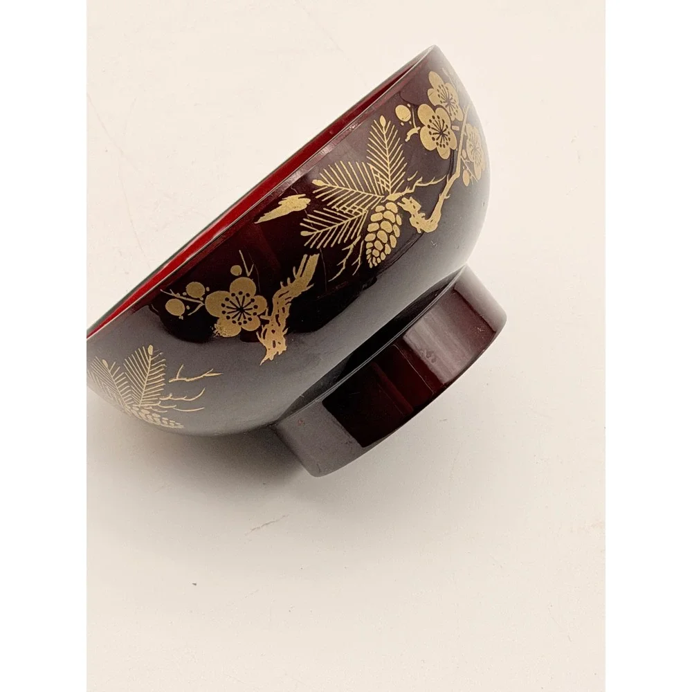 Japanese Lacquerware Miso Soup Bowl Red Gold Floral Pine Branch Design 4.75in